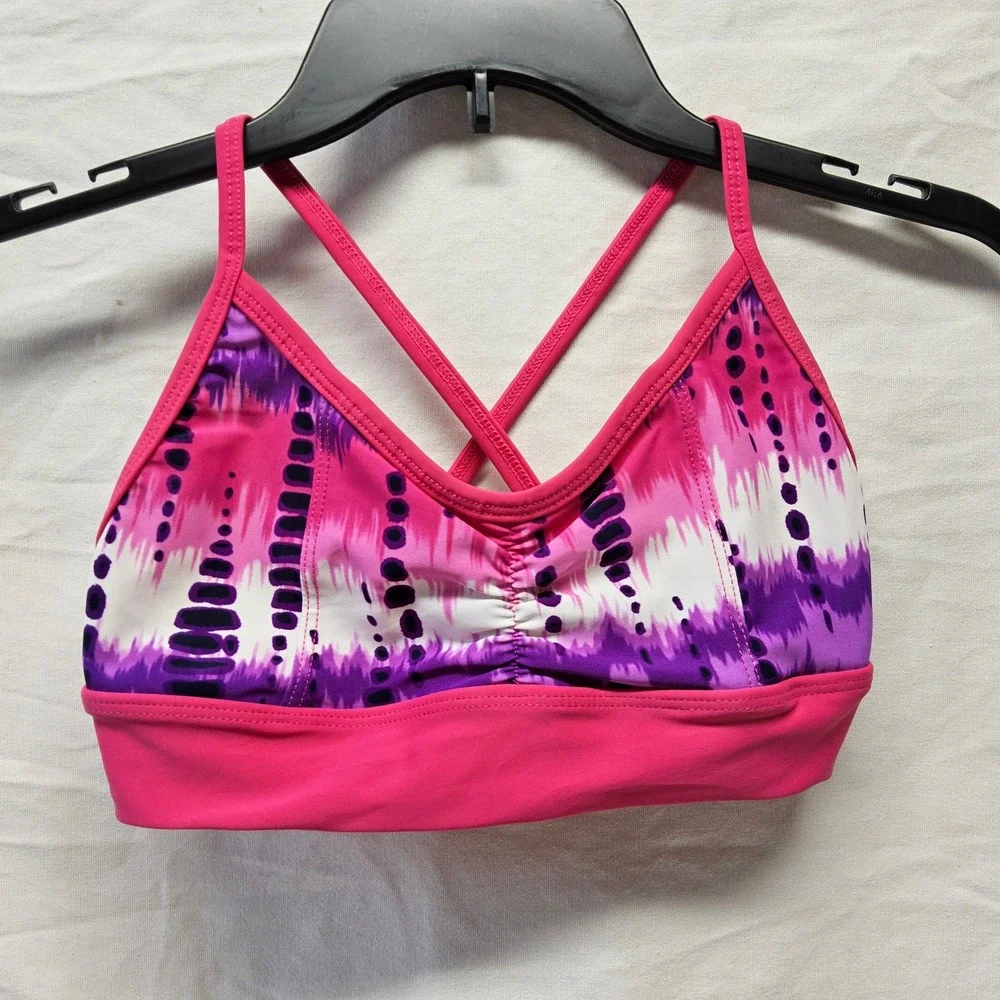 Divina Dance Wear Sports Bra Kids Small Pink Purple Tie Dye Criss Cross Back